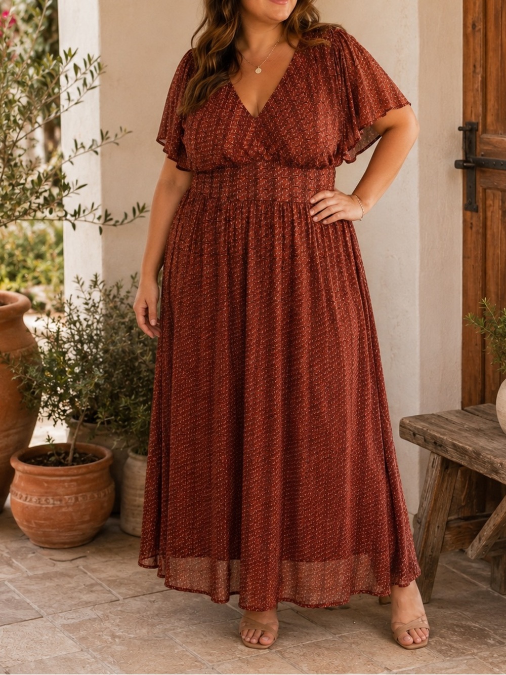 Molly Bracken Rust Brown Printed Maxi Dress